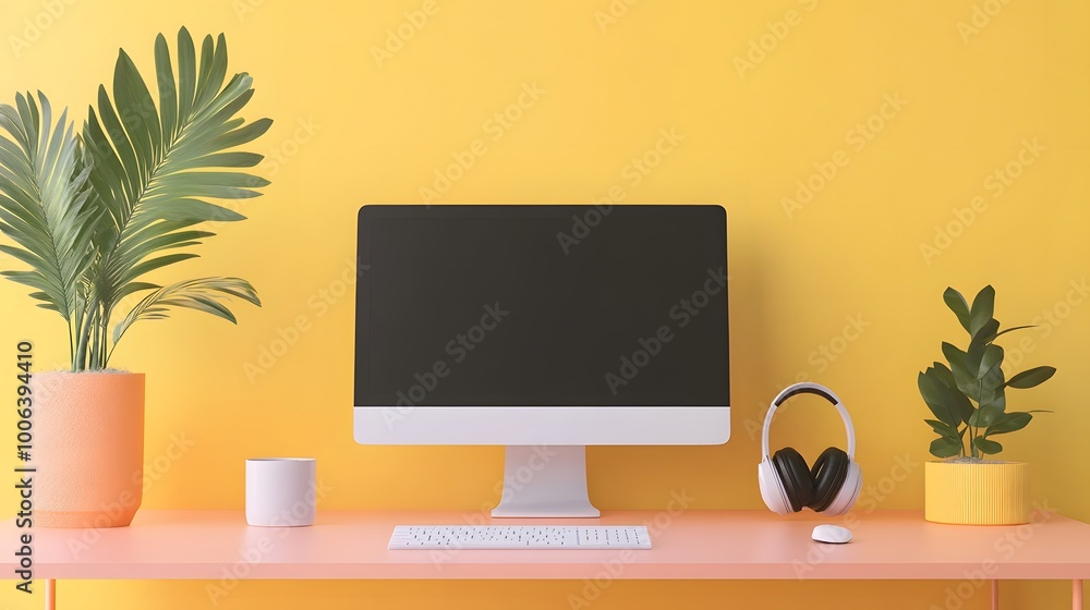 Poster front view of an working interior with colorful empty room, computer、green plant、headphones on the t