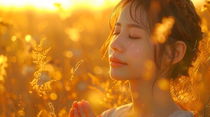 Serene woman in sunlit field during golden hour