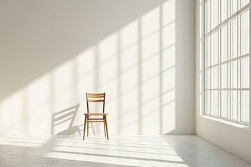 A spacious, minimalistic room with plain white walls, featuring a single elegant wooden chair in the center, casting a soft shadow from a window's natural light.