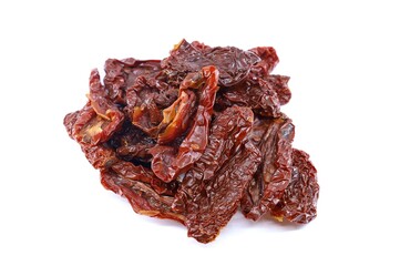 Heap of dried tomatoes on white background.
