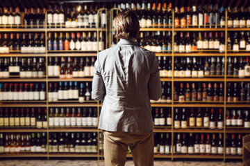 Male bartender at wine cellar full of bottles with exquisite drinks