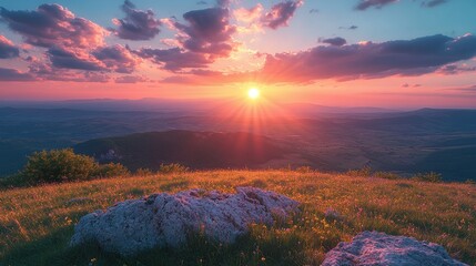 stunning sunrise or sunset landscape with moving clouds, nature’s light show painting the horizon, peaceful scenery and glowing sky, vibrant colors reflecting on the natural environment