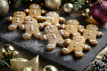 From a birdâ€™s-eye view, display a delightful scene of gingerbread men cookies on a black slate board, interspersed with glittering Christmas ornaments. The cookies are dusted with powdered sugar,