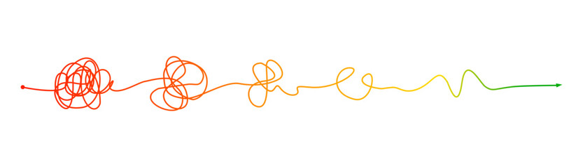 A line of colorful tangled threads, changing from red to green, gradually untangling. Depicting from the atmosphere of chaos to the straight path
