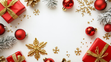 Golden snowflakes, red baubles, and New Year presents arranged on white paper, creating a vibrant Christmas and New Year celebration backdrop.