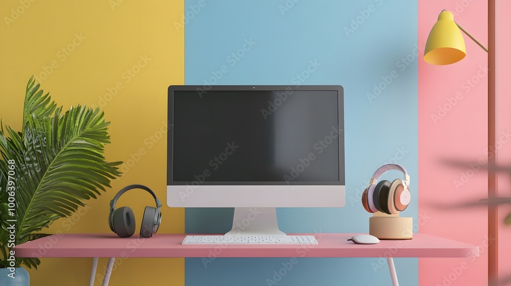 Poster front view of an working interior with colorful empty room, computer、green plant、headphones on the t