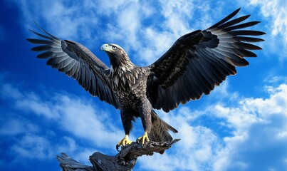 Fototapeta premium A majestic eagle with wings spread wide, perched on a branch against a bright blue sky with white clouds.