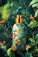 Fototapeta premium A stylish body soap bottle mockup showcasing a gold cap, placed in front of a vivid tropical jungle backdrop with colorful birds and rich foliage, highlighting the product's natural essence.