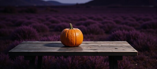 An old wooden plank table features an orange pumpkin amidst a spooky purple landscape bathed in moonlight
