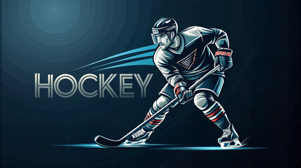 Hockey player with stick in neon blue and red outline