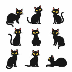 Collection of black cat illustrations in various poses on a white background.
