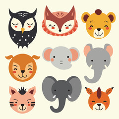 Fototapeta premium Whimsical illustrations of various animal faces in a colorful grid layout on a light background.