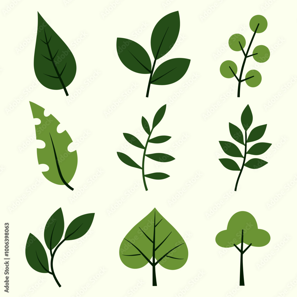 Poster a collection of various green leaves and tree illustrations on a light background, showcasing differ