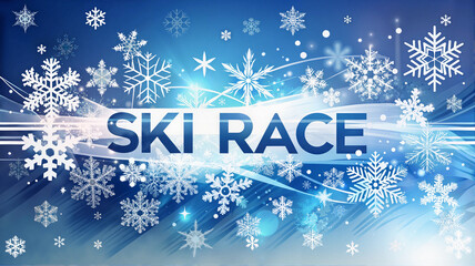 Ski race announcement with snowflakes and motion blur effects