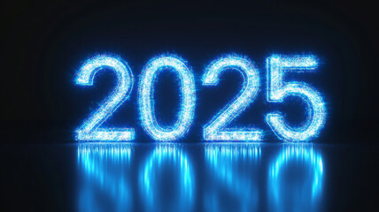 A glowing 2025 made from electric blue light, set against a pure white background, casting radiant light around the digits.