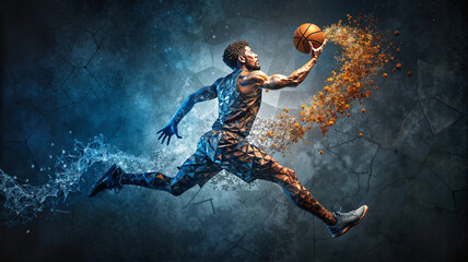 Abstract basketball player jumping with particle effect trail