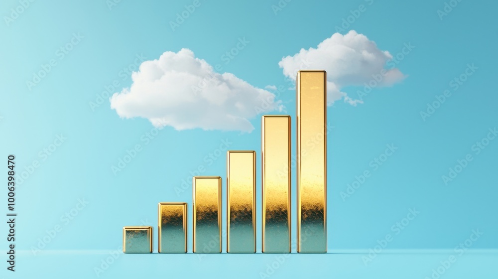 Poster a bar graph made of gold bars, with each bar extending upward through the clouds, increasing profit 