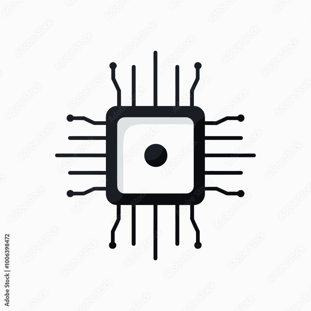 Poster minimalist illustration of a microprocessor chip with connecting circuits on a white background.