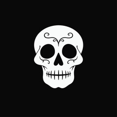 Fototapeta premium Elegant white skull with intricate black designs on black background, evoking Day of the Dead aesthetic.