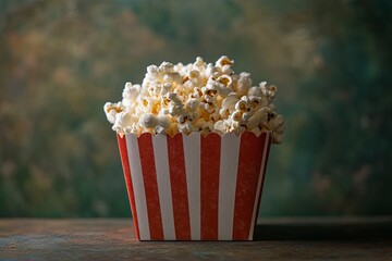 A red and white striped popcorn box filled with fluffy popcorn sits on a wooden table against a textured green backdrop.