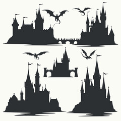Naklejka premium Silhouettes of medieval castles with dragons flying in the sky.