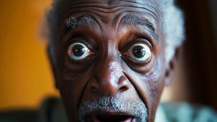An African American granddad, wide-eyed with wonder, his expressive eyes big and beautiful, captured in a close-up that shows the joy and surprise on his face.