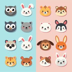Fototapeta premium Cute animal cartoon faces with various expressions on a split blue and pink background.