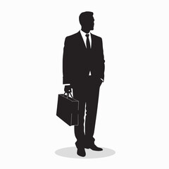 Silhouette of a man in a business suit holding a briefcase against a white background.
