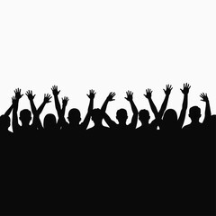 Silhouettes of a diverse crowd raising their hands in celebration against a white background.