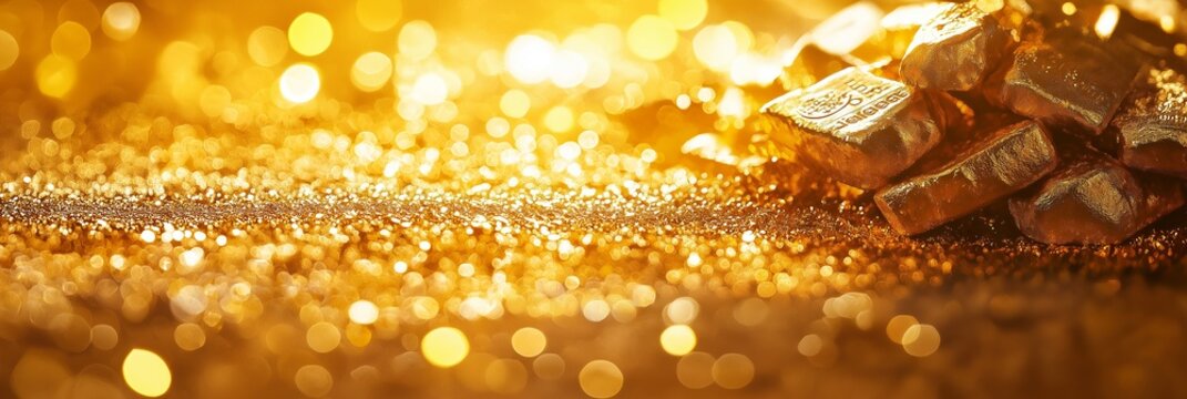 A pile of shiny gold bars rests on a sparkling golden background, evoking a sense of luxury and wealth.