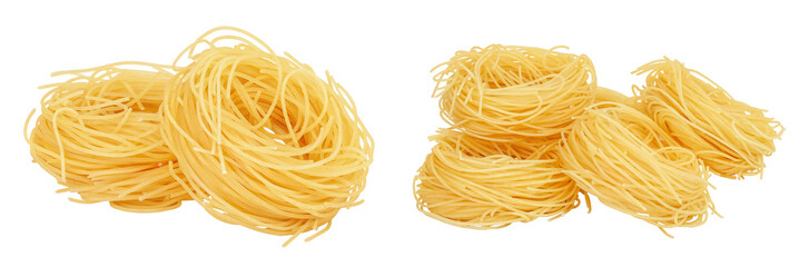 Italian pasta tagliatelle nest isolated on white background with full depth of field.