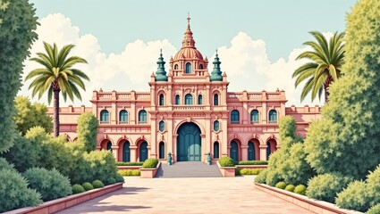 Fototapeta premium Majestic Pink Palace with Palm Trees and Lush Gardens
