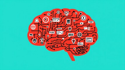 A brain with interconnected pathways of financial charts and customer icons, representing the complexity of understanding consumer behavior through market research