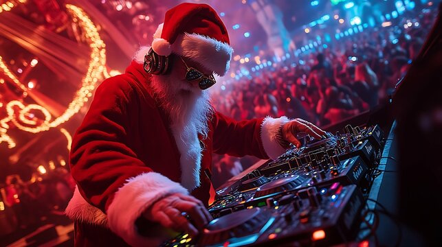 DJ Santa Claus mixing tracks in a nightclub at a Christmas and New Year party or Corporate events. Senior disc jockey as Santa listening music, headphones, laptop, mixer controller player, turntable.