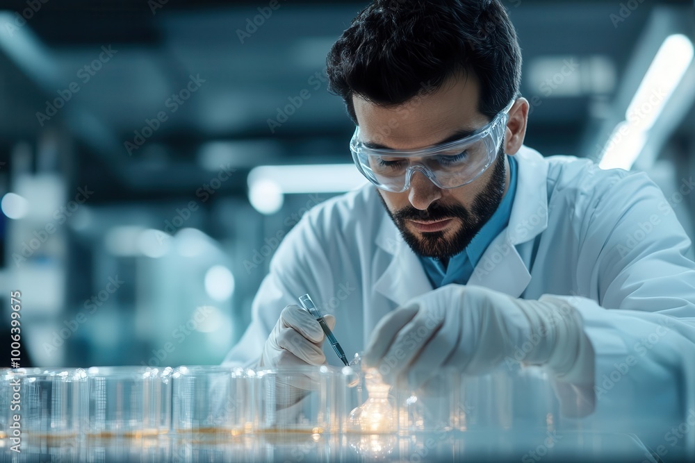 Aufkleber a scientist in a lab conducting experiments with beakers, focused on research and analysis. chemistr
