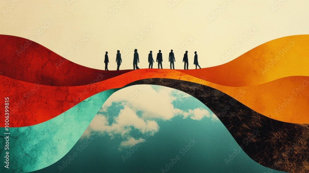 Poster a bridge made of abstract shapes and colors, with figures from different backgrounds walking towards