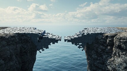 A bridge made of fragmented puzzle pieces, connecting two cliffs representing transformation, with one side in chaos and the other side calm and orderly