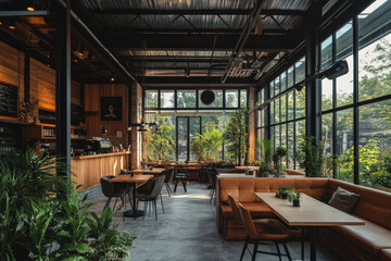 The interior of a modern coffee shop showcases minimalist decor, with a clean layout and industrial elements like steel beams and large windows. Outside, cozy seating areas are adorned with greenery,