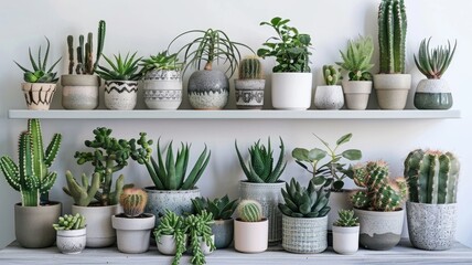 Various succulents and cacti in decorative pots on a wooden shelf, Houseplant Appreciation Day