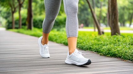 A young female runner strolls along a wooden pier by the sea in the morning light, showcasing her legs in sneakers against a blurred backdrop of nature - Powered by Adobe