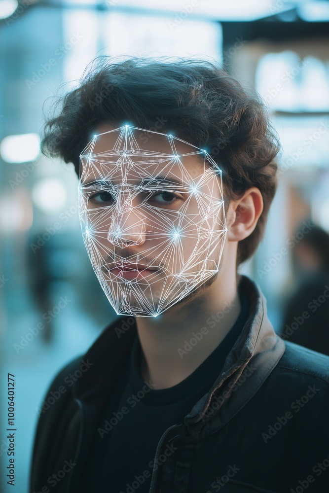 Poster a man with a face drawn on him in a black jacket. the drawing is made of lines and dots, giving the 