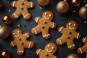 Capture a charming overhead scene of gingerbread men cookies decorated with icing, elegantly arranged on a dark surface, with shiny Christmas balls scattered around, creating a delightful holiday
