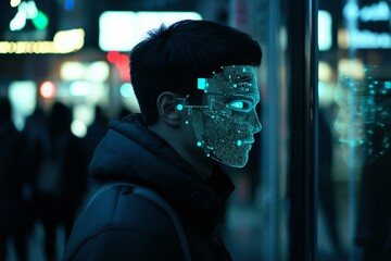 A man is wearing a black hoodie and looking at a reflection of himself in a window. The reflection is glowing in blue and green, giving the impression of a futuristic or sci-fi setting