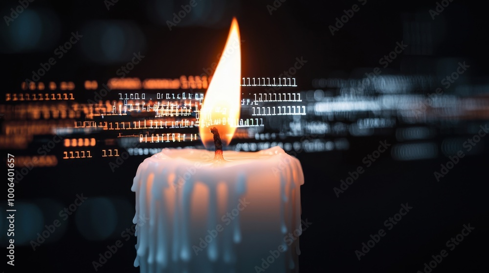 Poster a candle burning at both ends, melting rapidly with fragmented digital codes and abstract timepieces