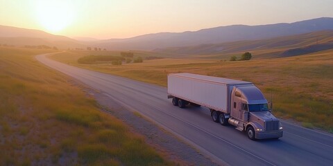 Obraz premium A semi truck is driving down a road in a field. The sun is setting in the background, creating a warm and peaceful atmosphere