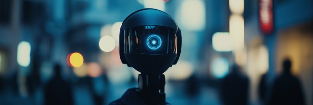 A robot with a camera on its head is standing in a city street. The robot is surrounded by people, some of whom are walking by. Concept of technology and urban life