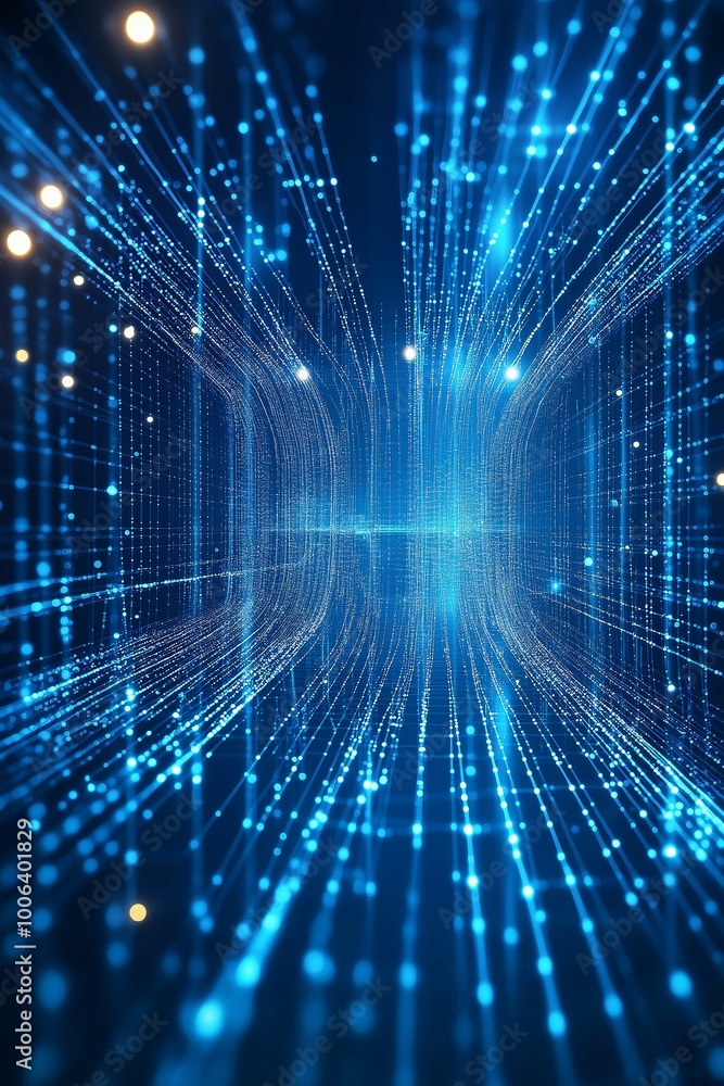 Poster a blue and white image of a futuristic space with many dots. the image is abstract and has a futuris