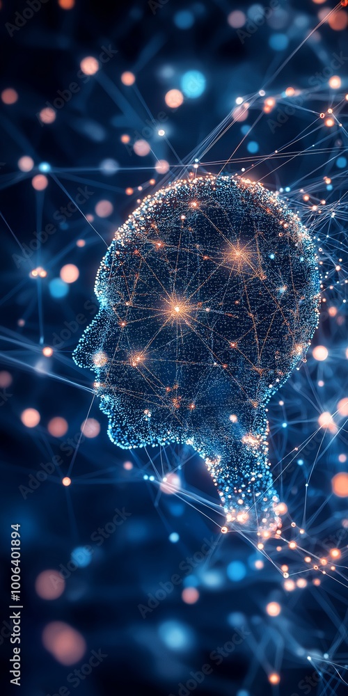 Poster a head with a lot of lines and dots surrounding it. the head is surrounded by a blue background