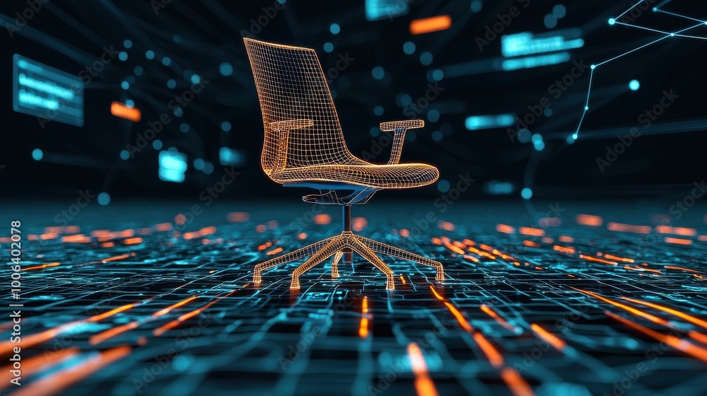 Poster a chair and desk in the middle of a virtual grid, surrounded by floating data streams and digital ic