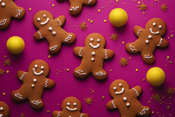 Capture a whimsical overhead scene featuring gingerbread men cookies on a deep magenta background, adorned with bright yellow Christmas balls. The lively colors create a festive and cheerful display.